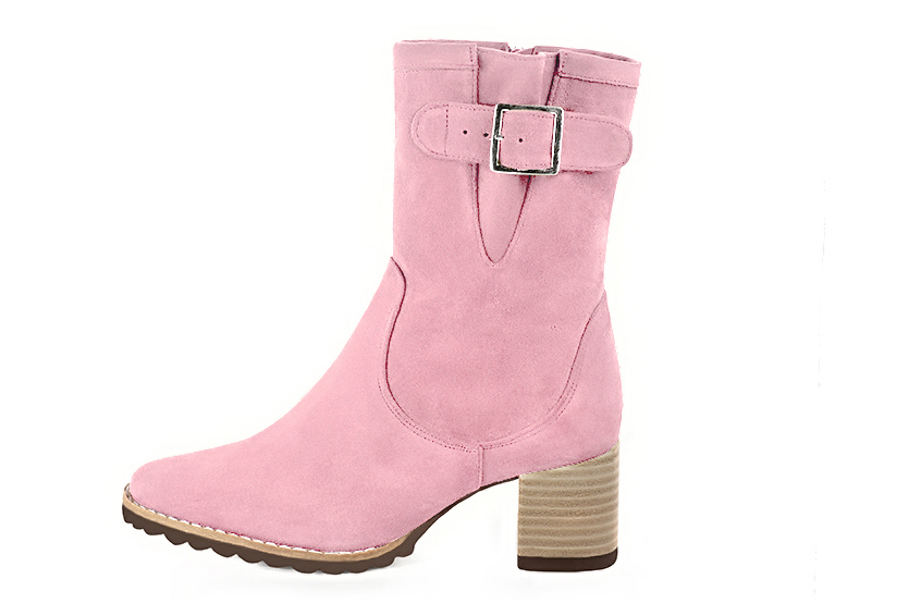 Carnation pink women's ankle boots with buckles on the sides. Round toe. Medium block heels. Profile view - Florence KOOIJMAN